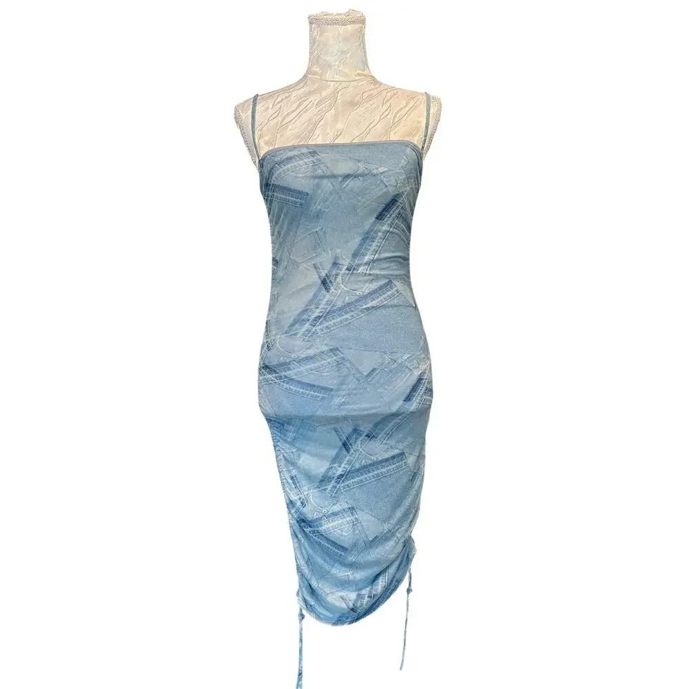 Good American Denim Print Stretch Midi Dress Ruched Coquette Size 1 - Picture 2 of 15